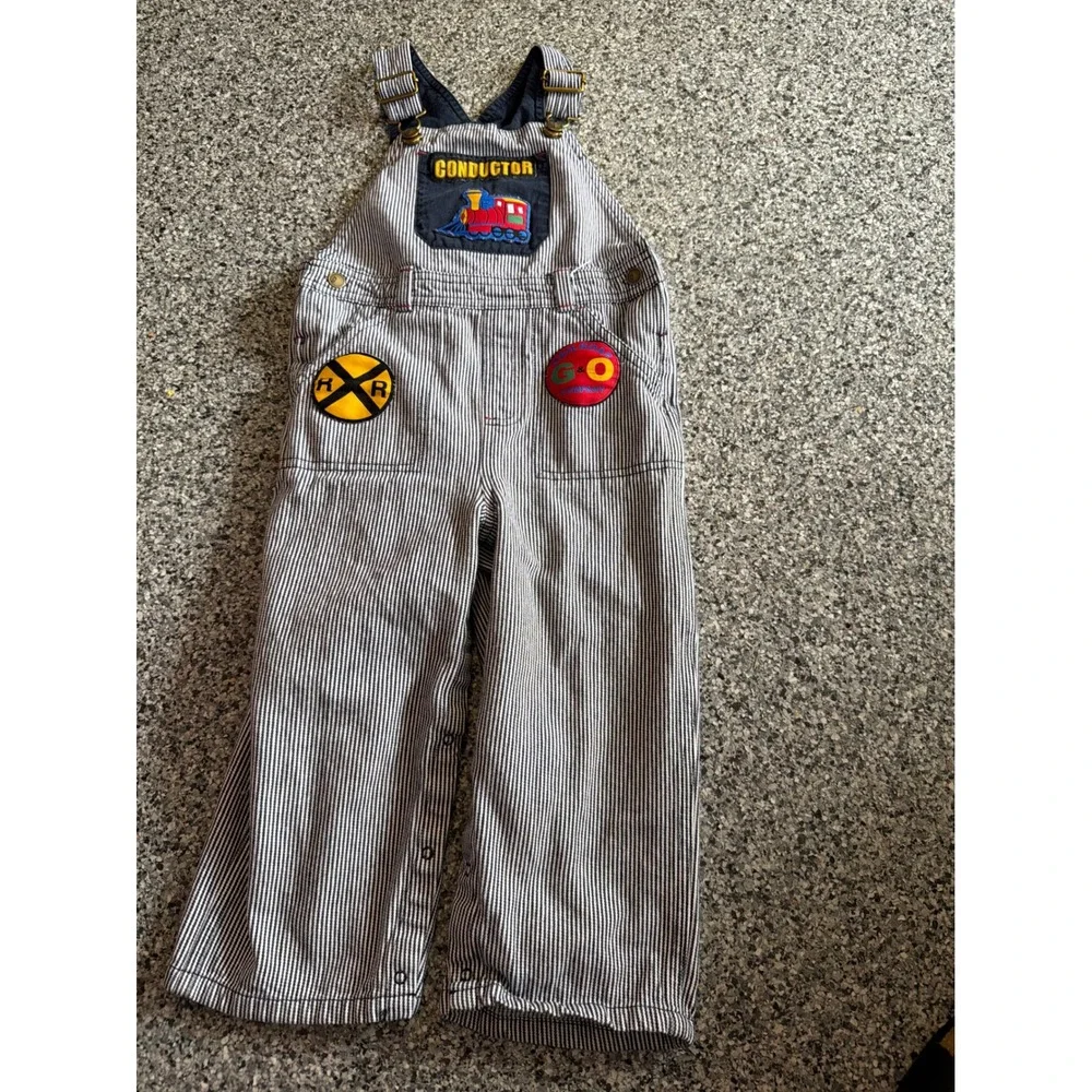 Gymboree Boys Train Conductor Hickory Stripe Overalls Blue White 2T-3T 2008